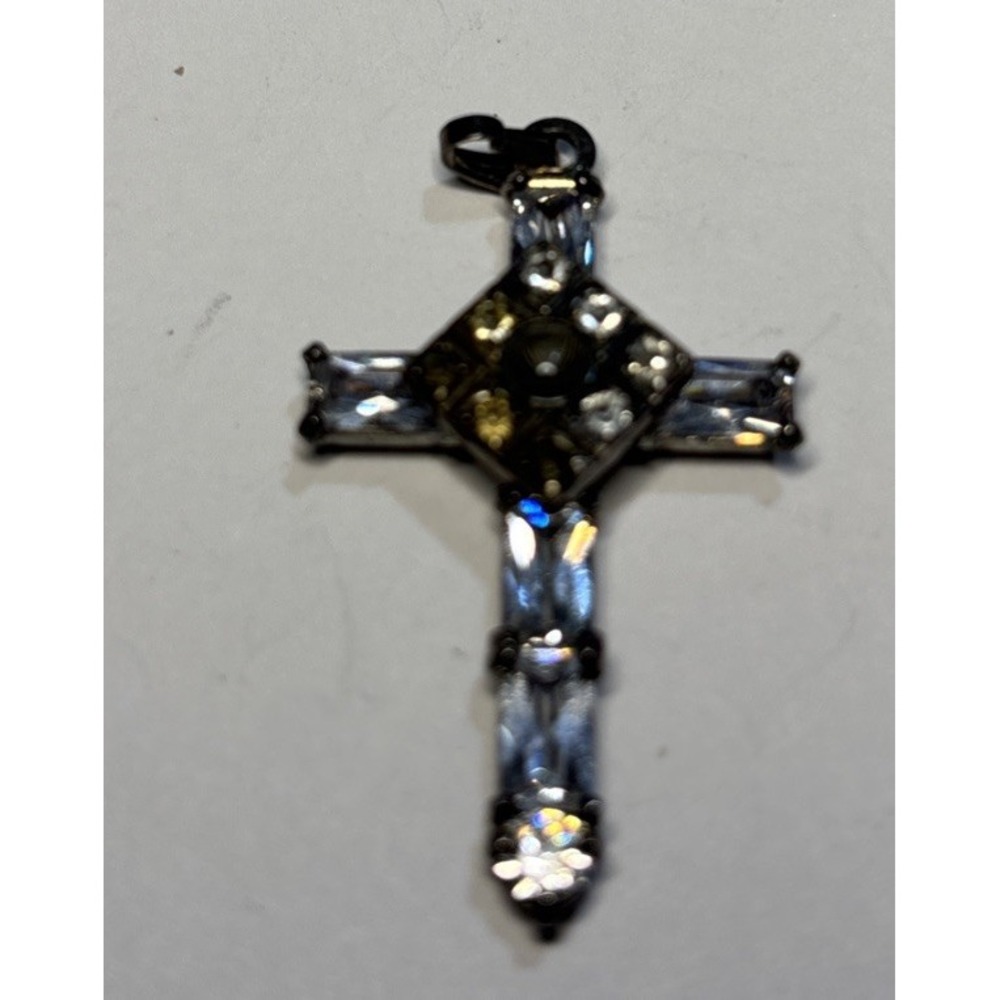 Vintage Stanhope Lord's Prayer Cross Pendant Rhinestone Miniature Viewer 1.5"